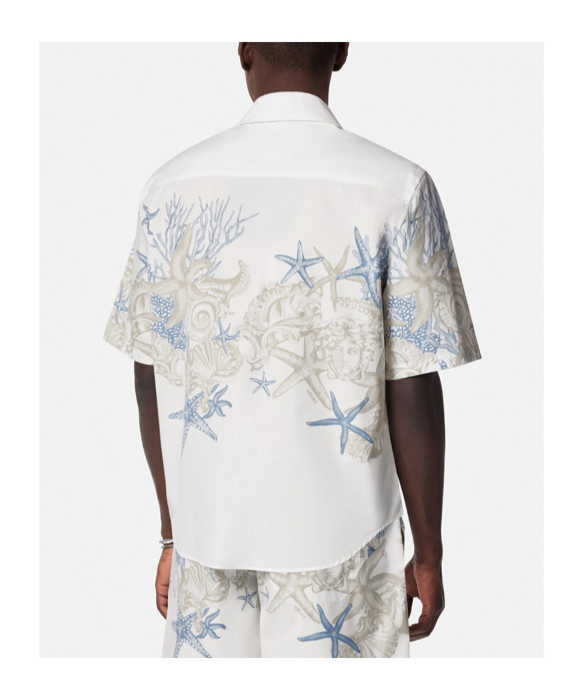 Versace Coral Print Cotton Short Sleeve Shirt In White