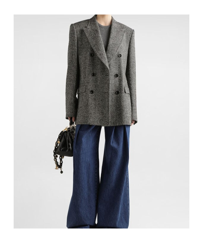 Dolce & Gabbana Double-breasted Herringbone Jacket With Animal Print Lining Clothing In Gray