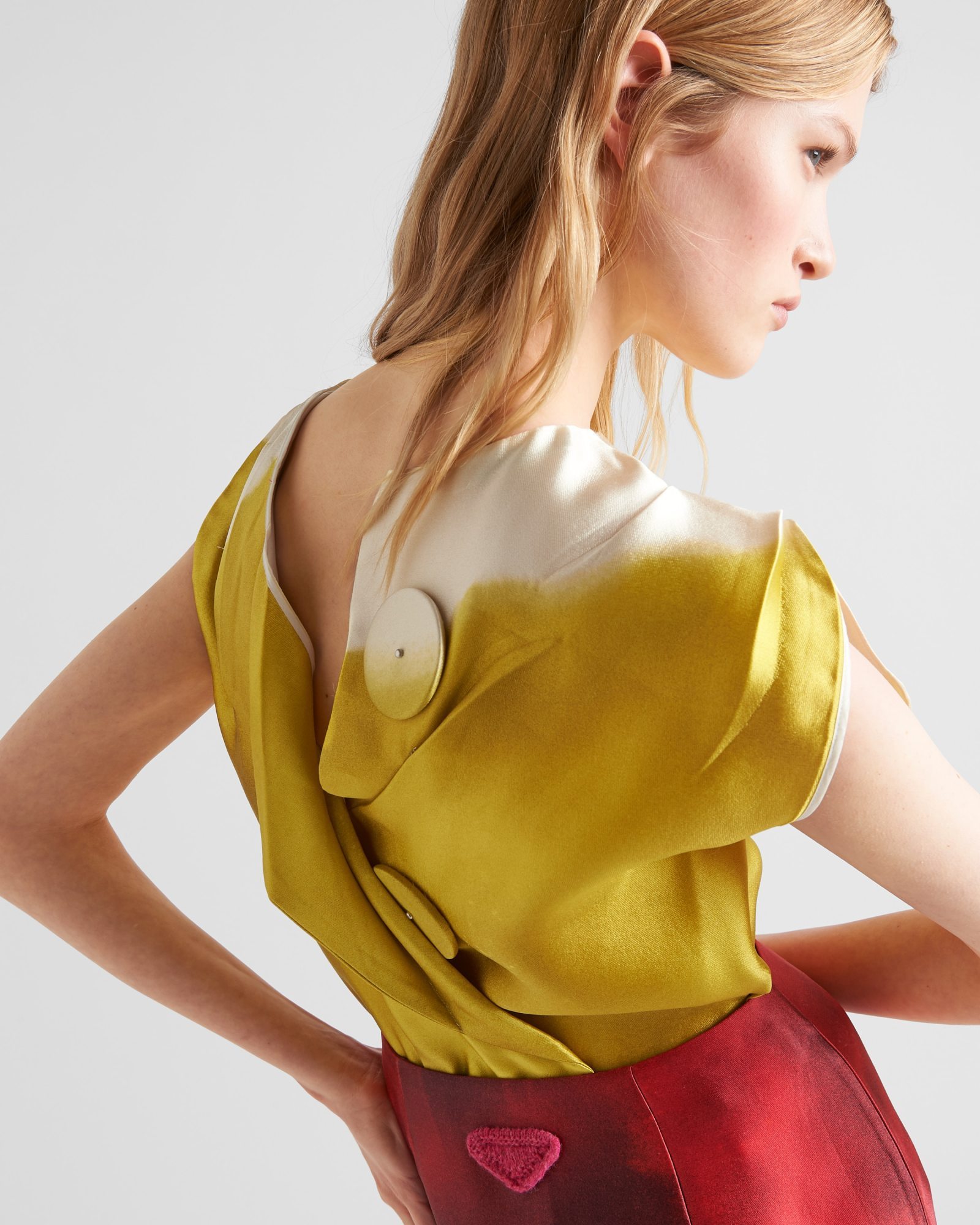 Prada Sleeveless Asymmetric Satin Button Top In Yellow