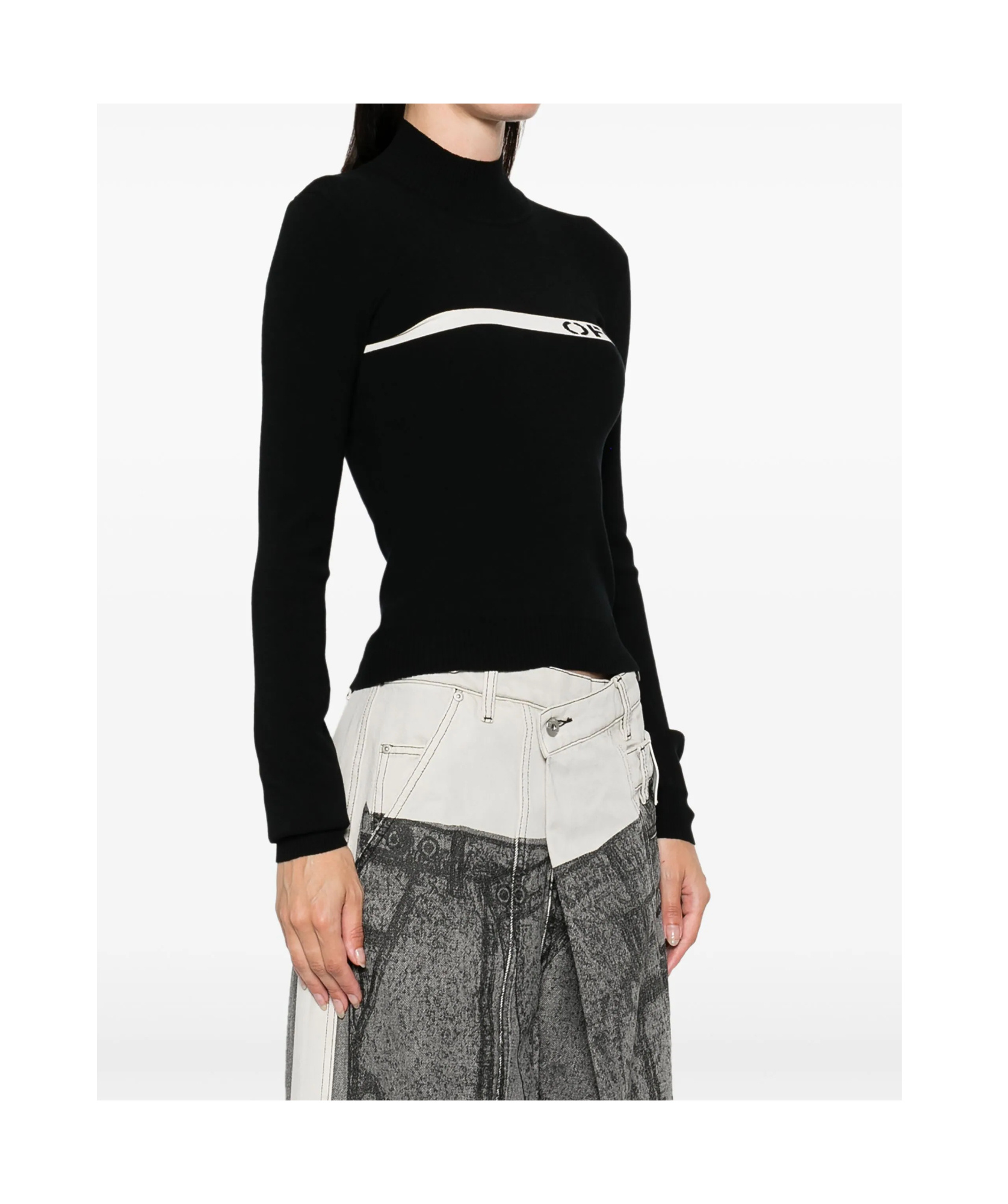 Off-white Logo-stripe Mock-neck Top In Black