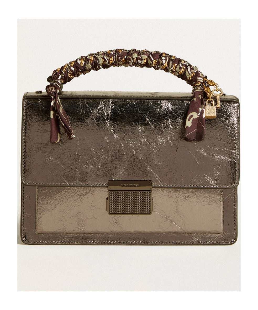 Shop Golden Goose Venezia Bag In Anthracite-gray Metallic Leather With Black Details In Brown