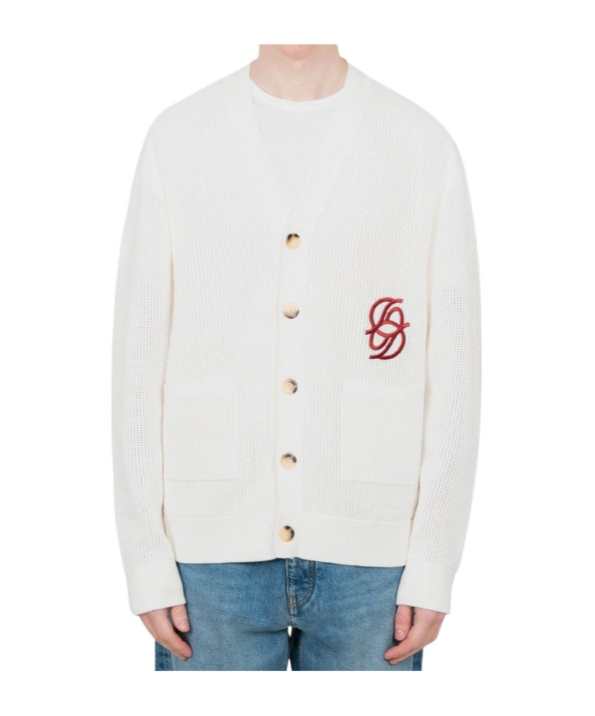 Drôle De Monsieur Textured Knit White Sweater With V-neckline In White