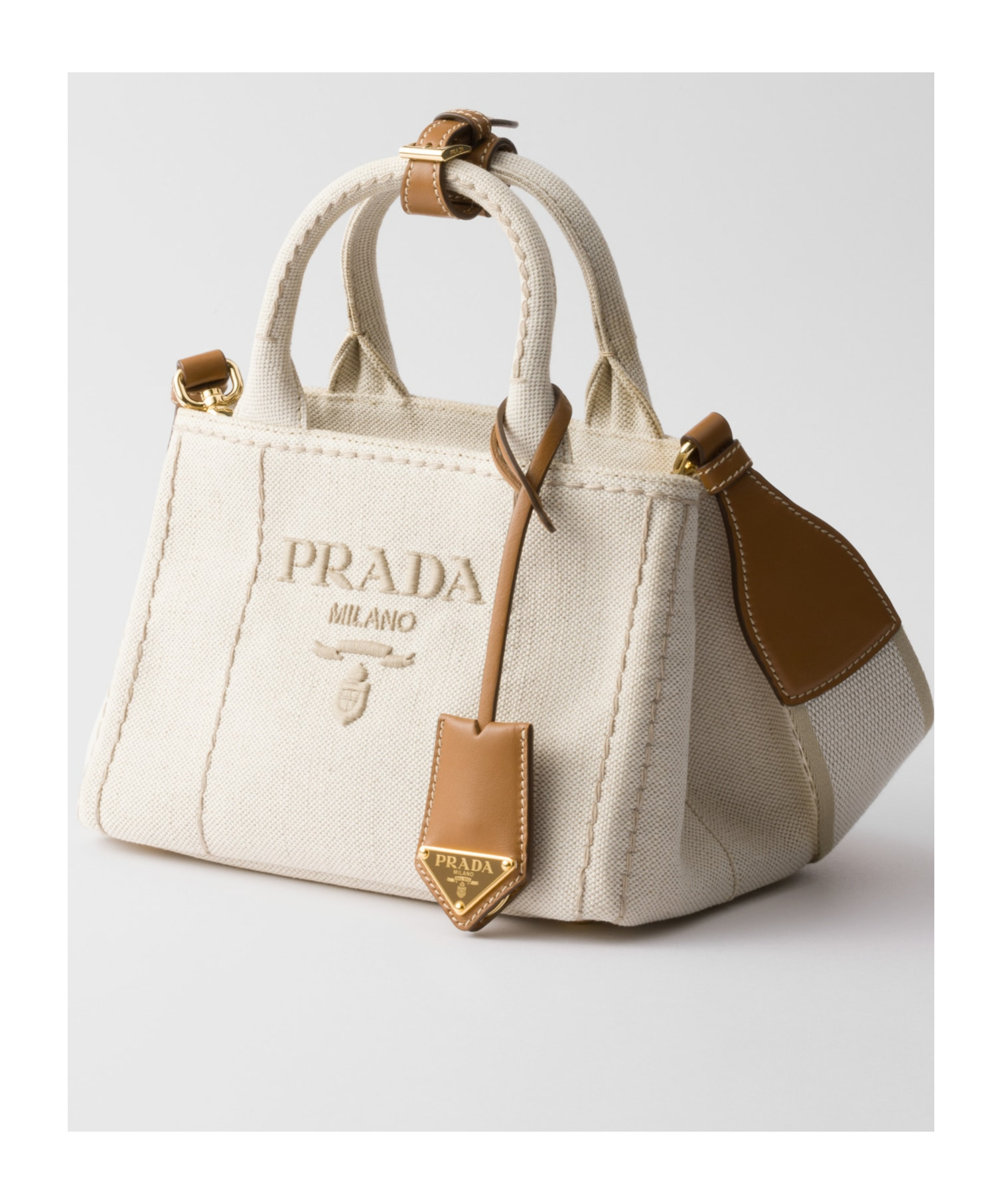 Shop Prada Linen Blend Mini Handbag In Nude