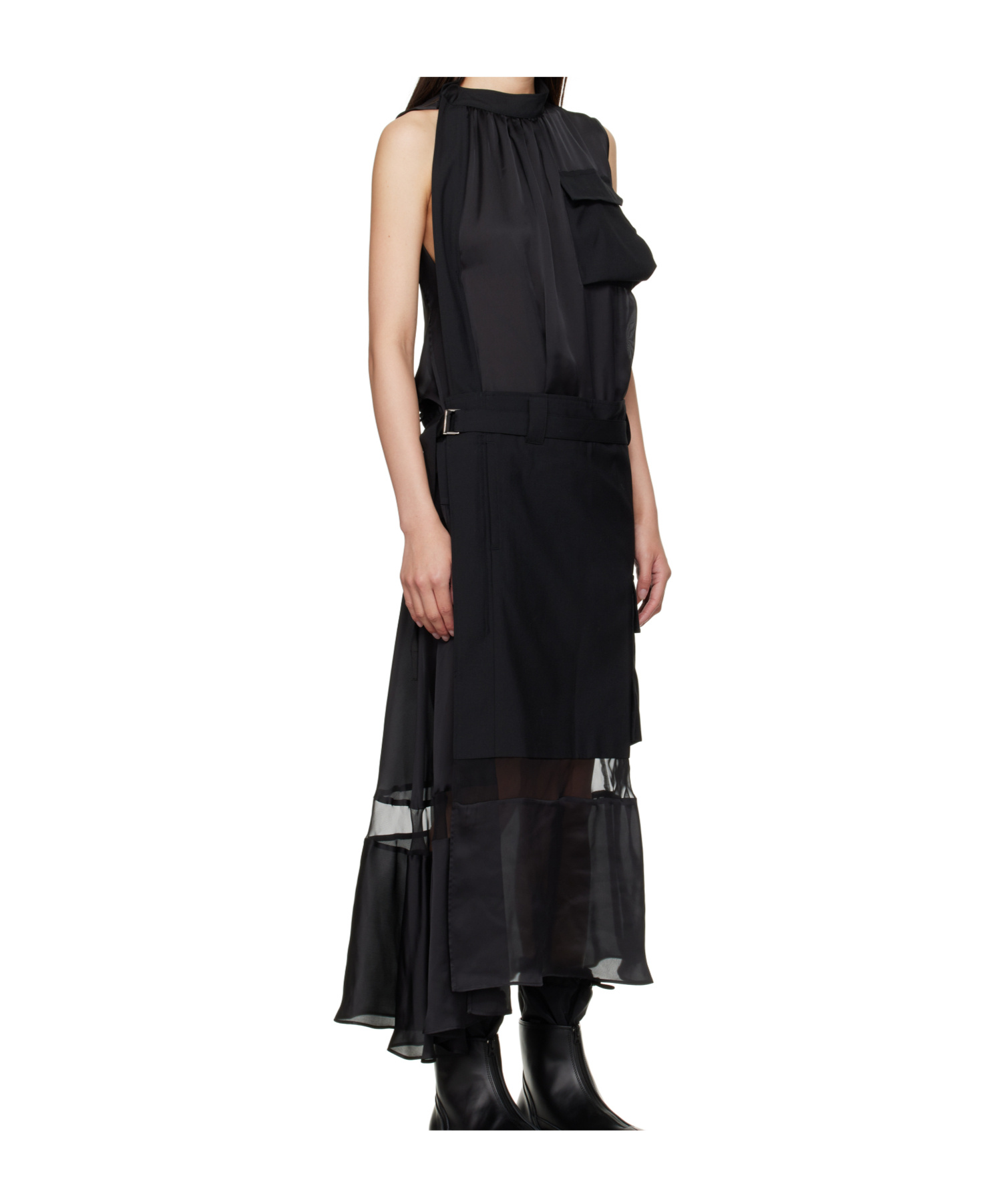 Sacai Sheer-panelled Belted Dress In Black