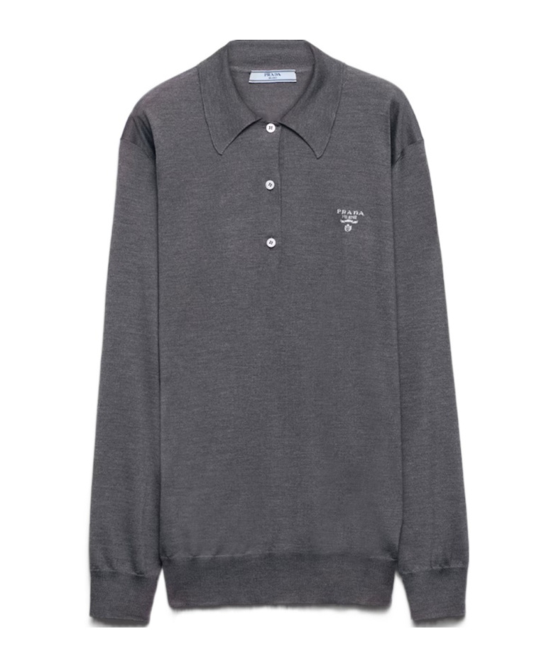 Prada Logo-intarsia Silk Polo Shirt In Gray