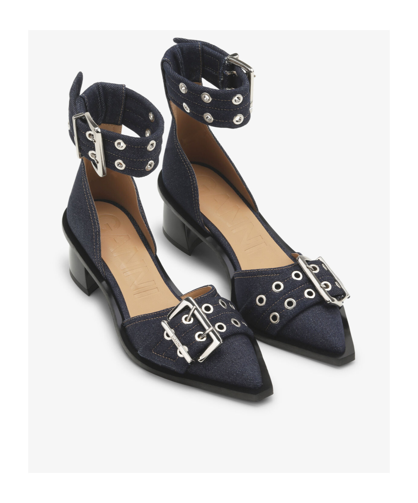 Ganni Denim Feminine Buckle Open Cut Pumps