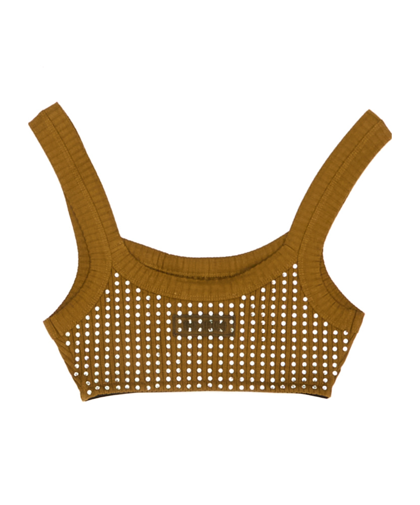 Attico Crystal Square Neckline Sleeveless Cropped Top In Brown