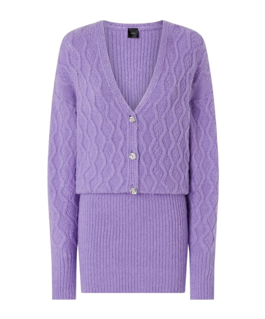 Pinko Knit Mini Dress With Cable Stitch And Jewel Buttons In Purple