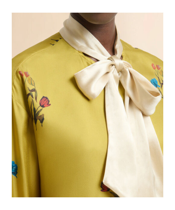 Marni Yellow Silk Twill Shirt With Tulip Print In Gold