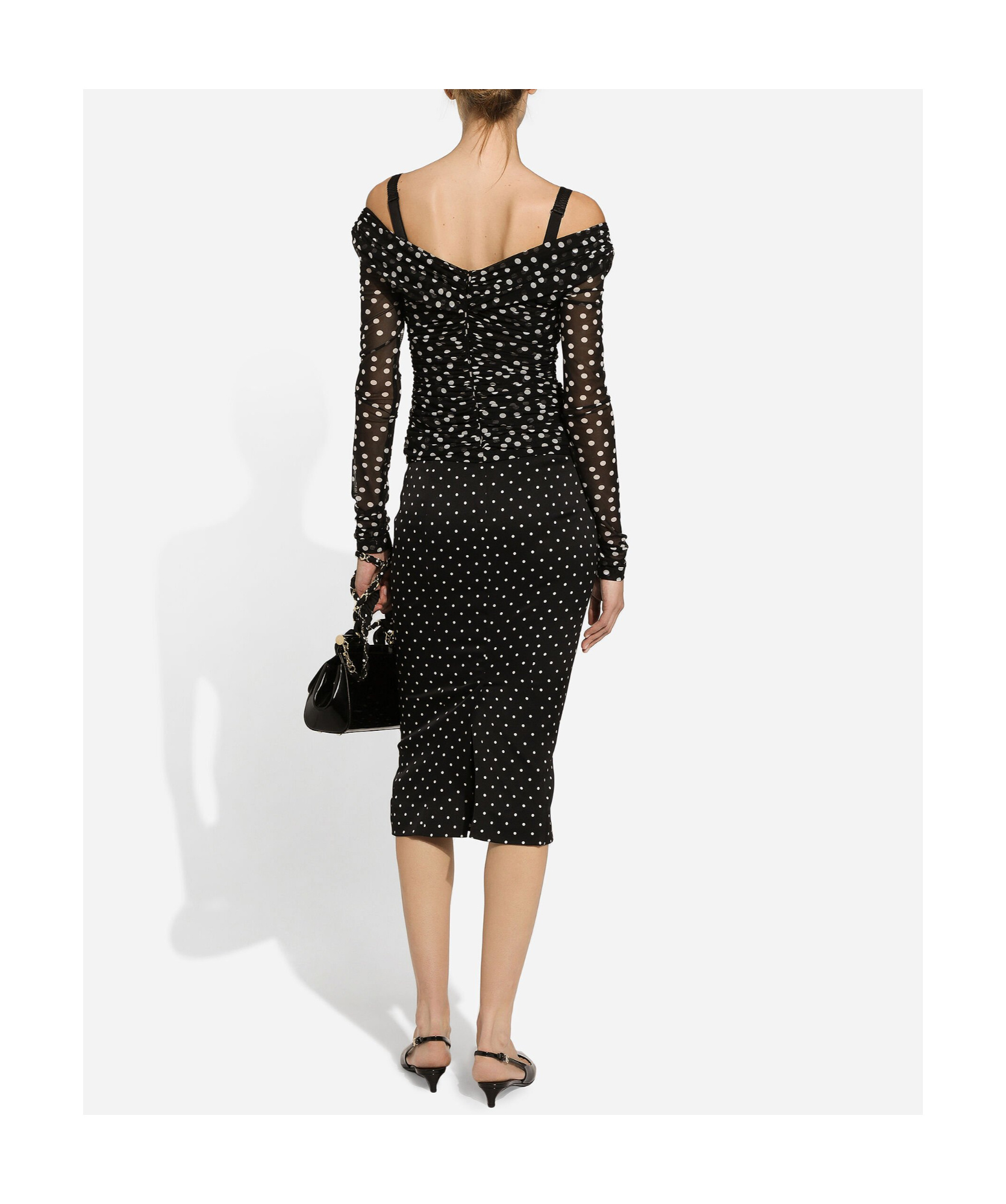 Dolce & Gabbana Stretch Tulle Top With Crossover Neckline And Polka Dot Print In Black