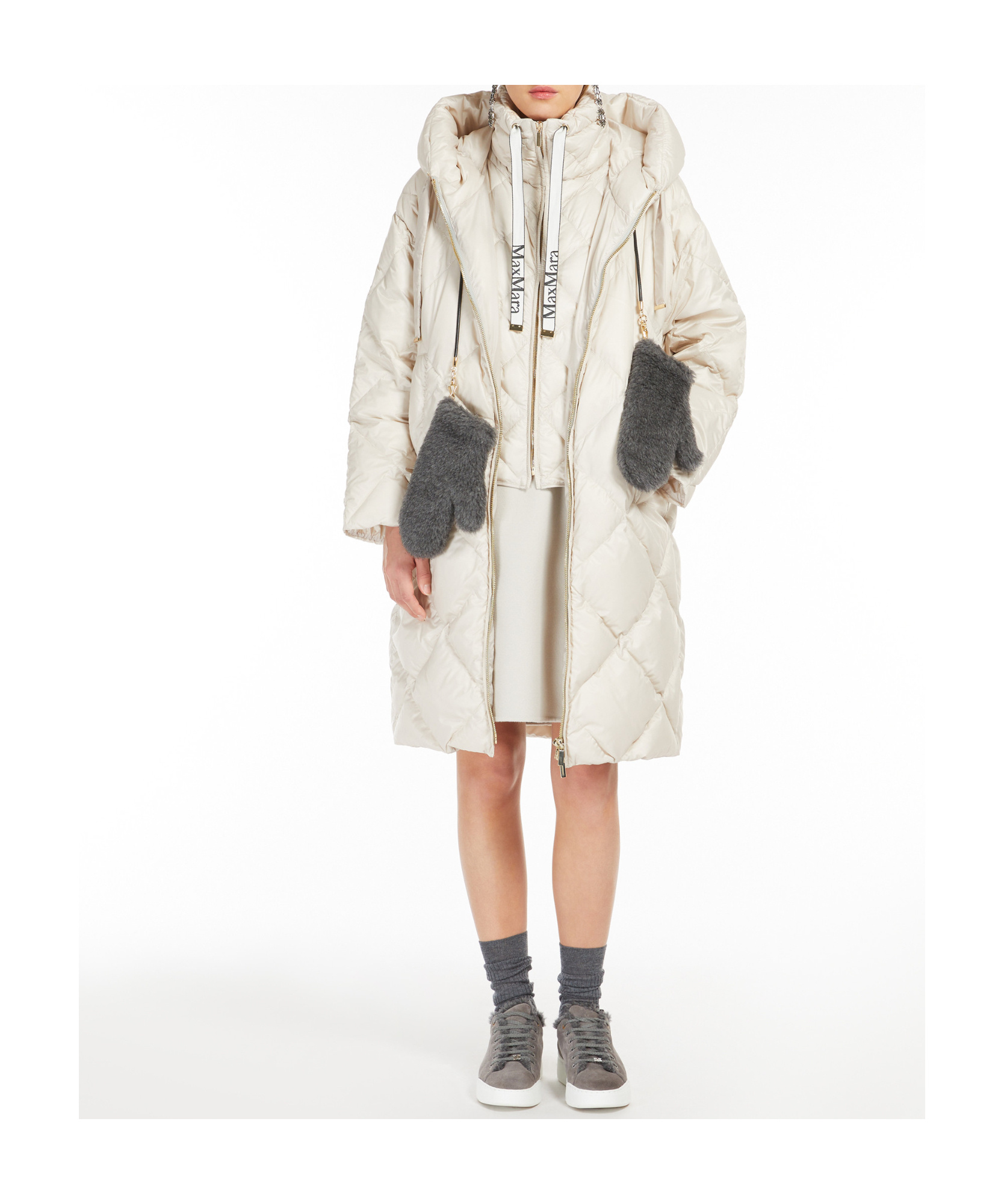 Max Mara Drawstring Hood Long Down Jacket In White