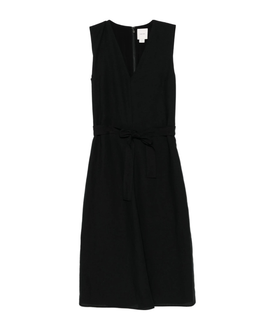 Calvin Klein Linen Blend Ns V Neck Dress Clothing In Black