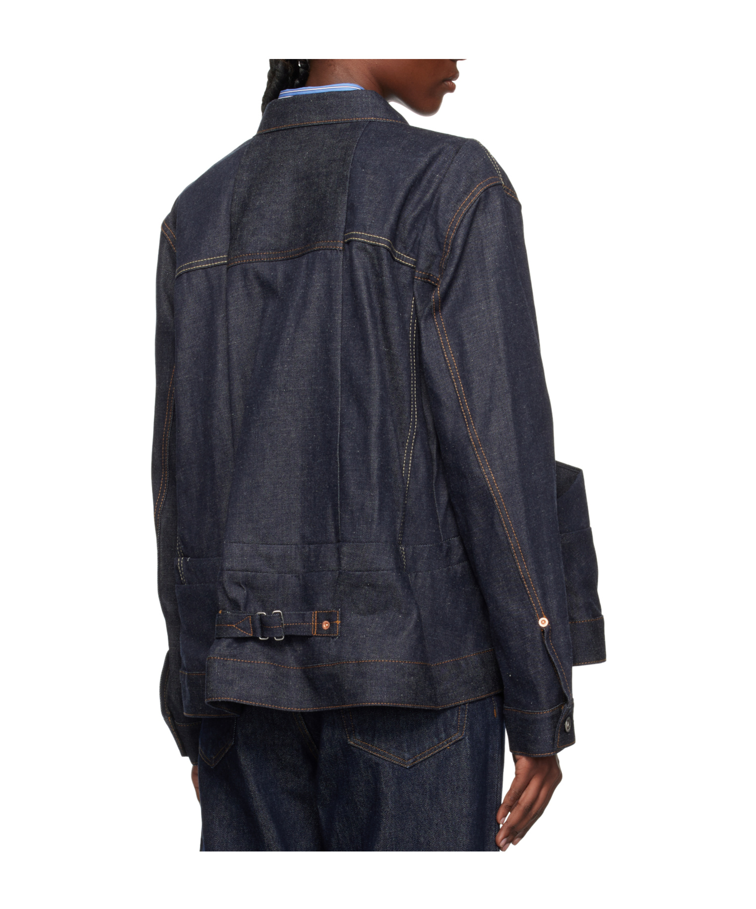Sacai Navy Pleated Denim Jacket In Blue