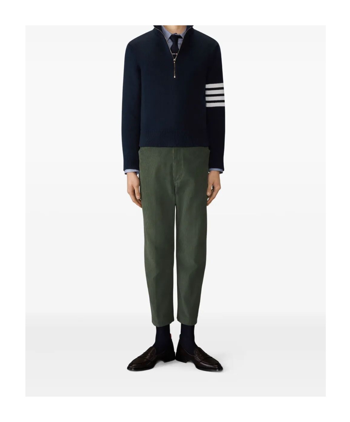 Thom Browne Jersey Stitch Funnel Neck Half Zip Pullover In Merino Wool With 4 Bar Stripe In Blue