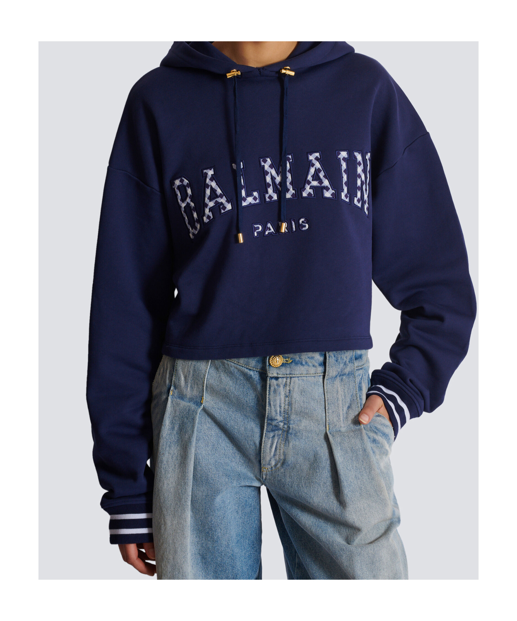 Balmain Gingham Paris Hoodie In Blue