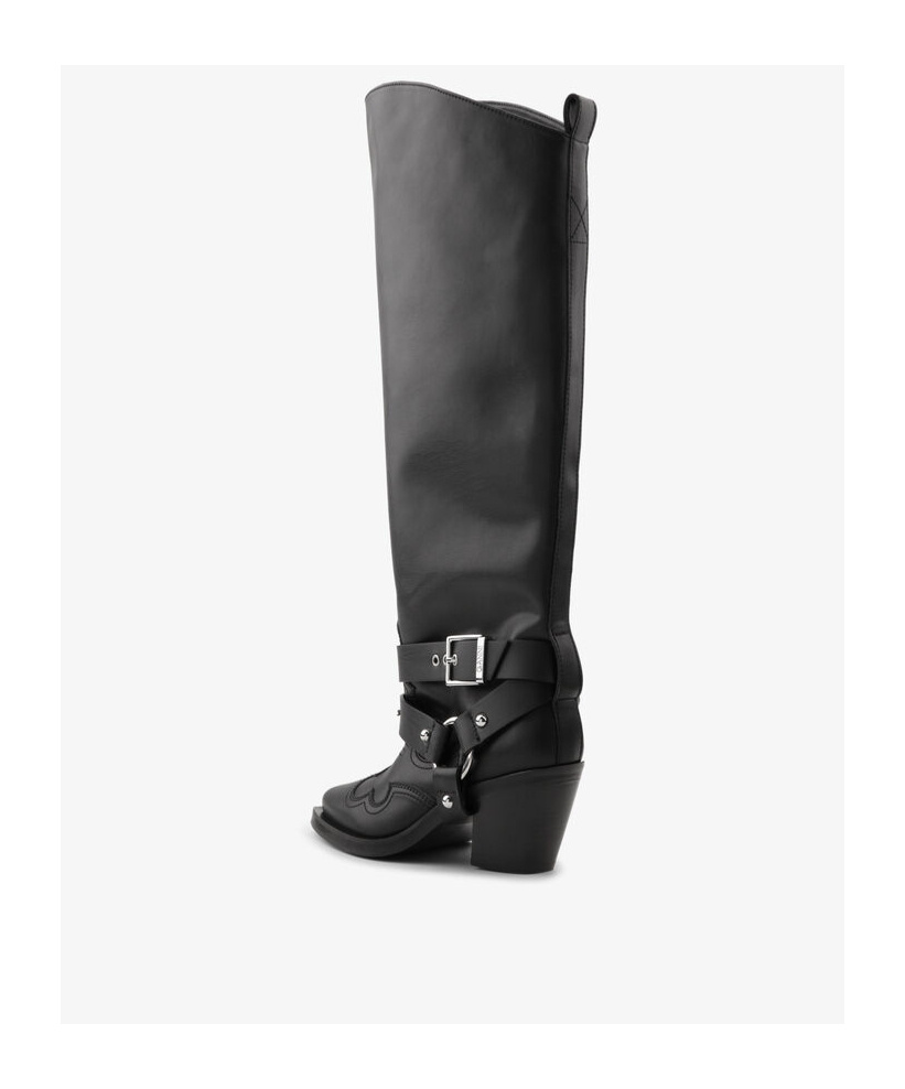 Ganni Black High Shaft Embroidered Western Tall Boots In Black