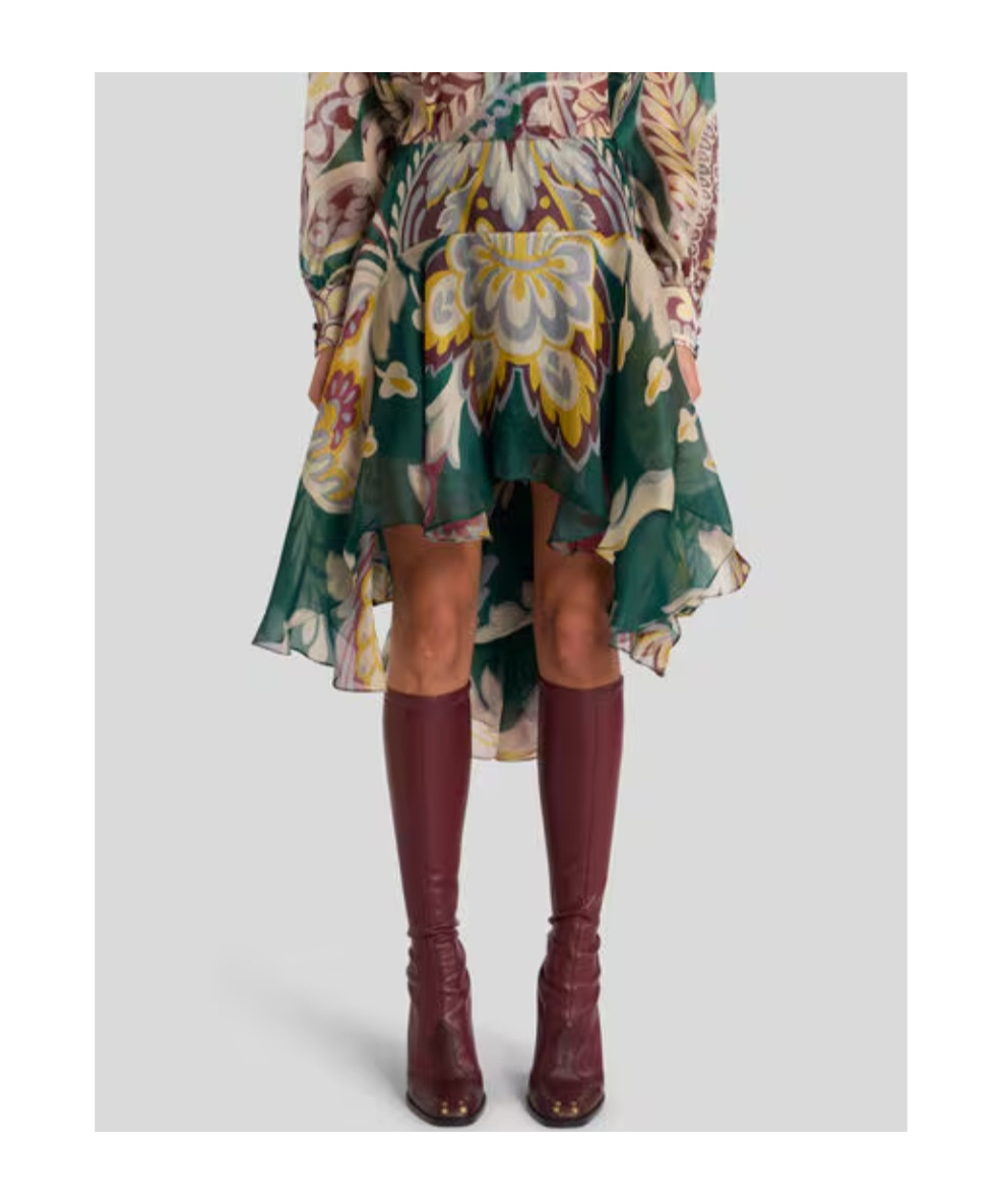 Etro Asymmetric Silk Midi Skirt With Floral Motif In Blue