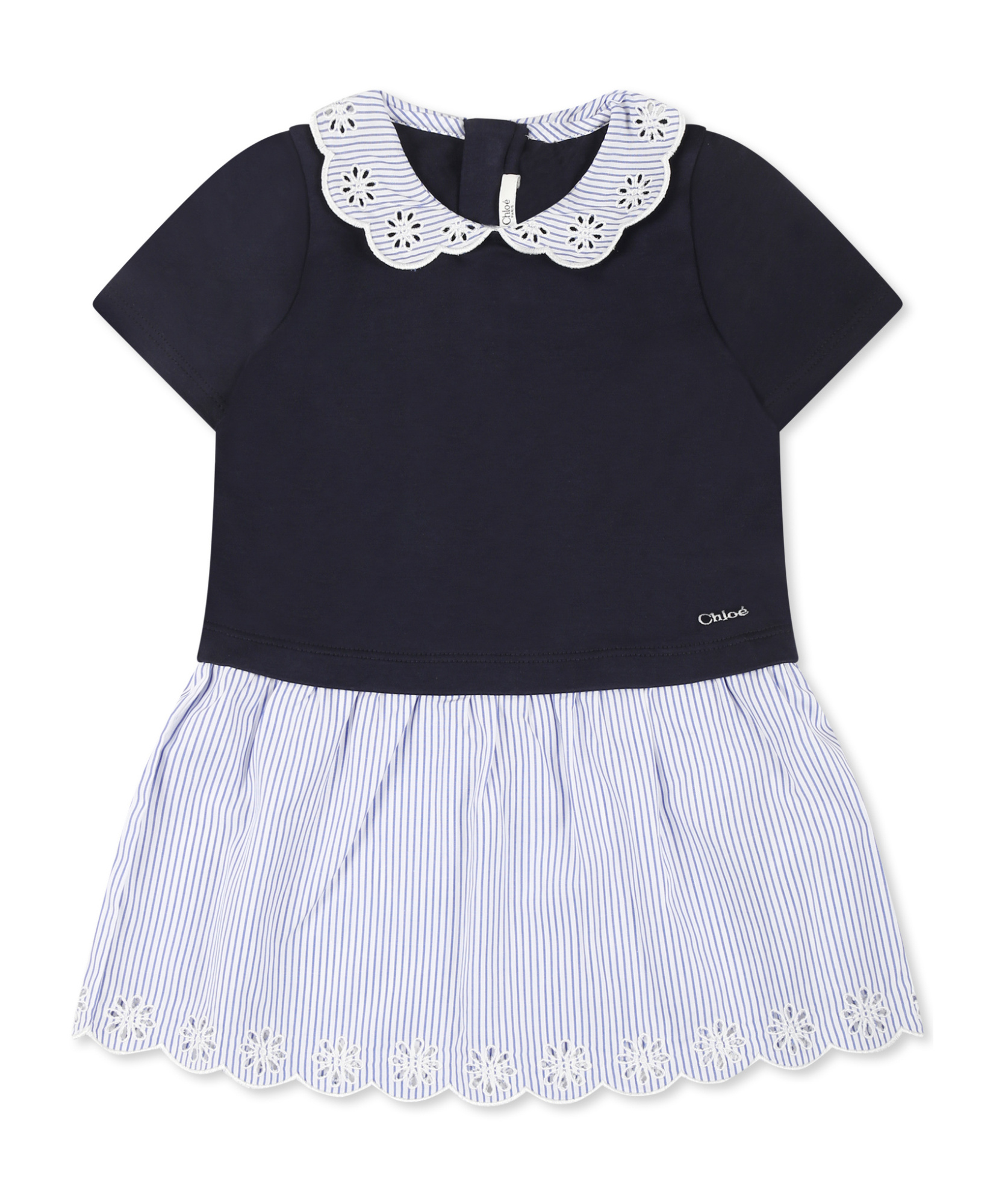 Chloé Kids Baby Broderie Anglaise Striped Cotton Dress In Blue