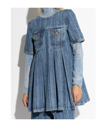 Ganni Short Sleeve Pleated Dress Pockets In Blue
