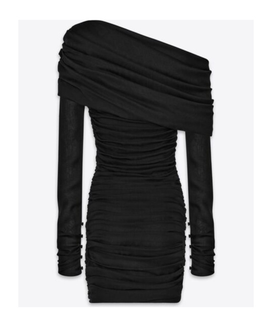 Saint Laurent Tulle One-shoulder Pleated Dress In Black