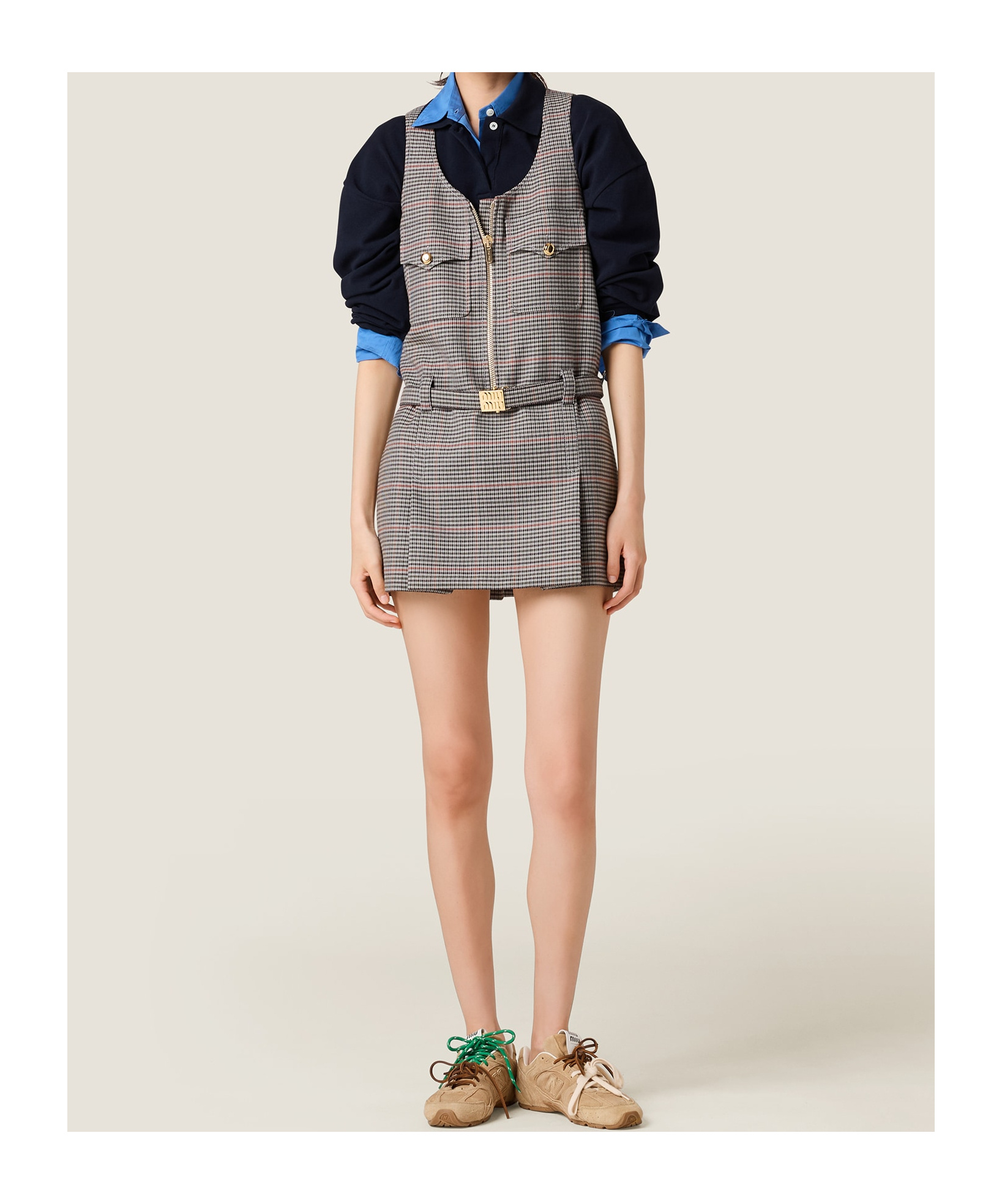 Miu Miu Checked Sleeveless Wool Dress In Gray