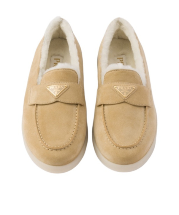 Prada St Tropez Suede Shearling Loafers In Brown