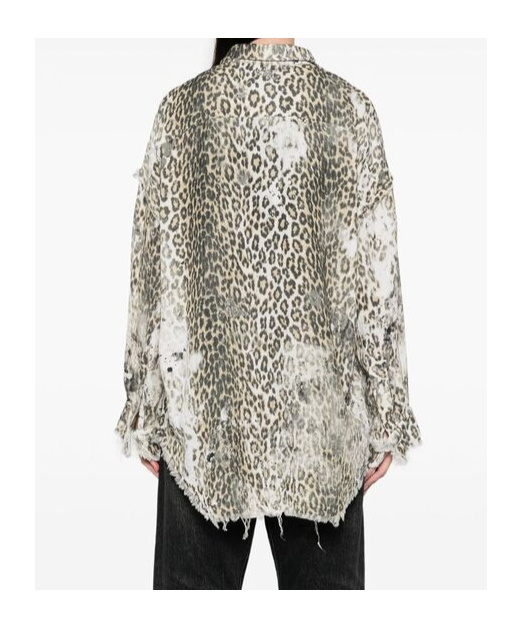 R13 Shredded Seam Drop Neck Leopard Print Button-up Shirt In White