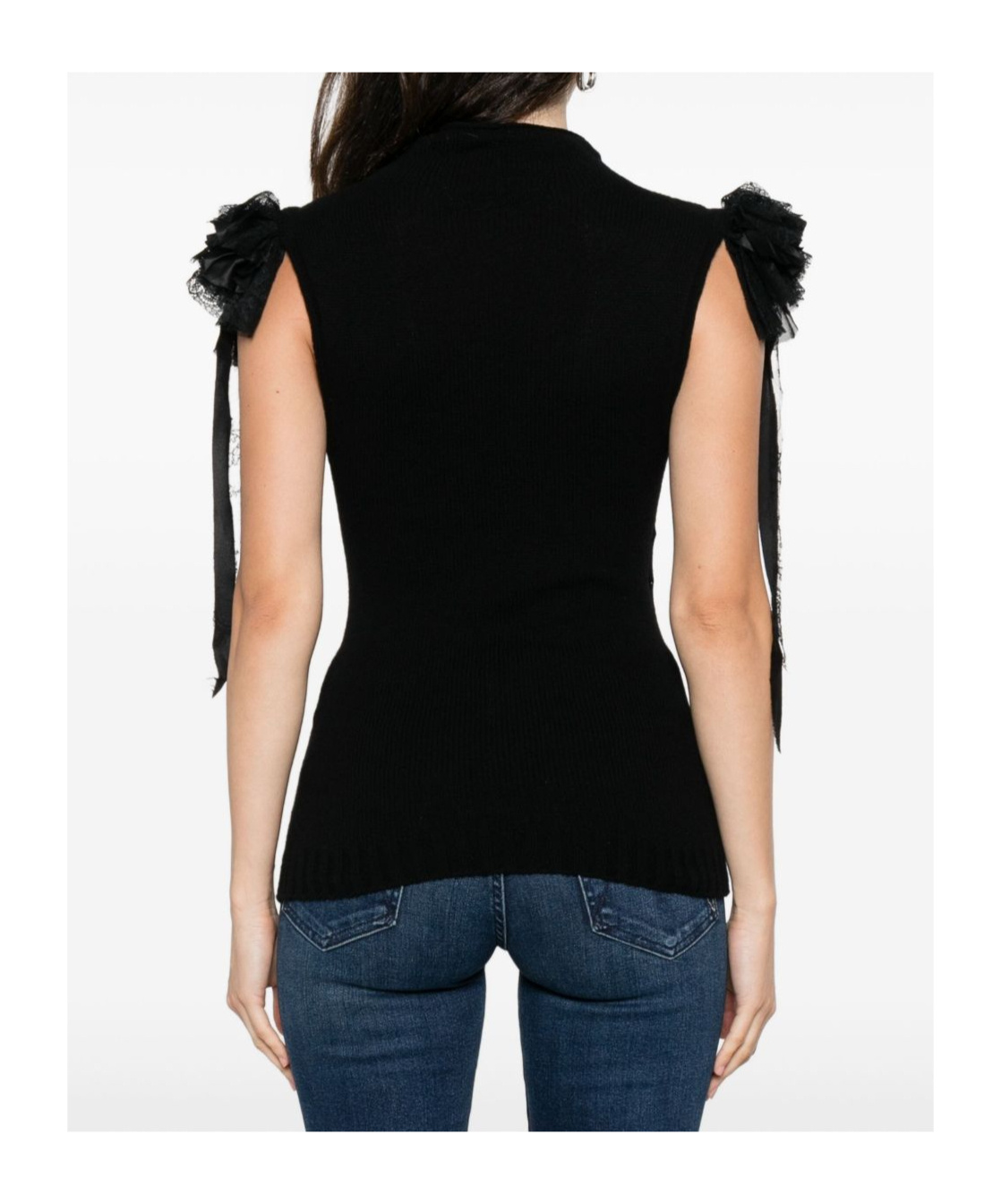 Alberta Ferretti Mock-neck Ruffle-shoulder Cashmere-wool Rib Tank Top In Black