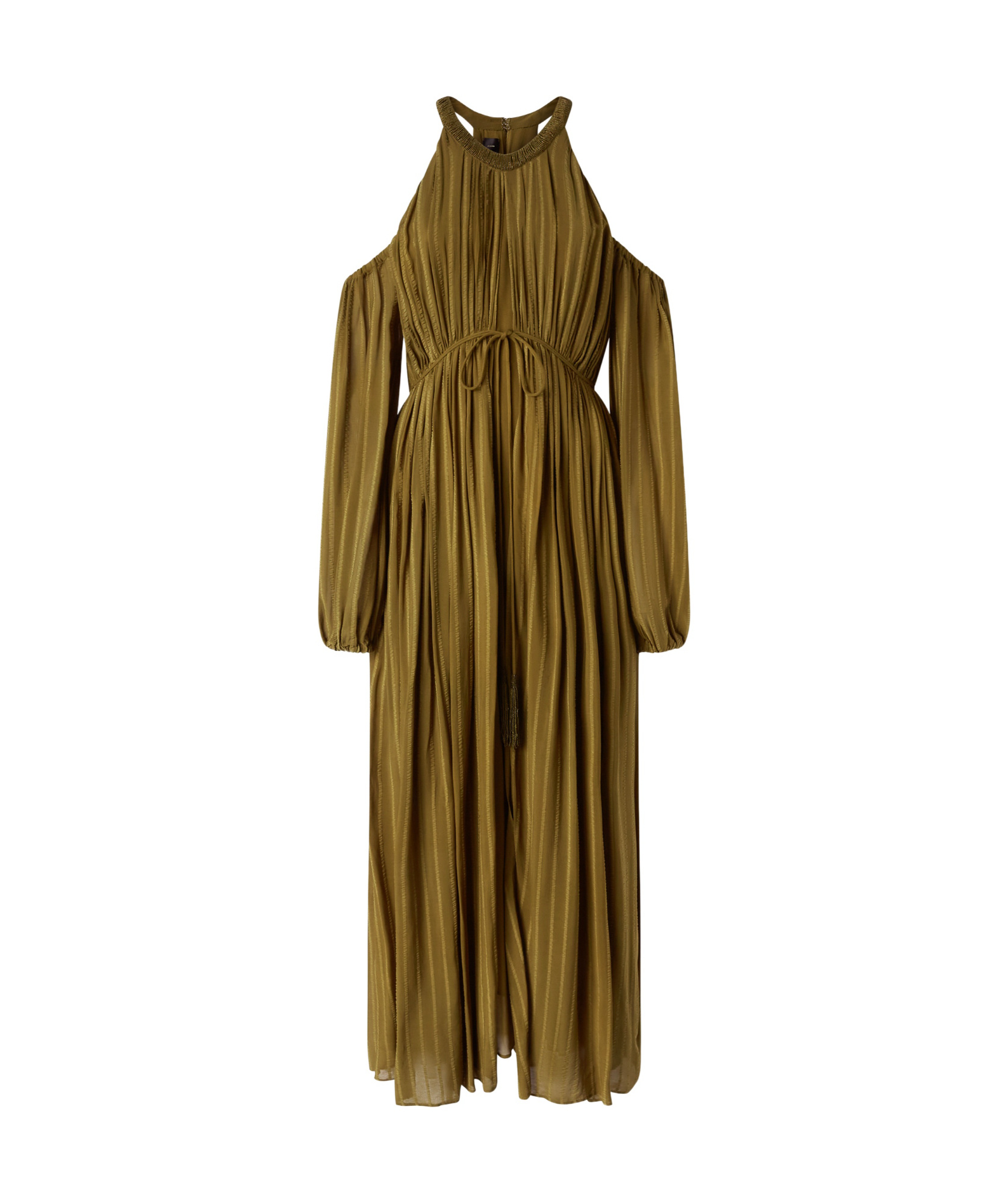 Pinko Long Off-the-shoulder Dress With Beaded Embroidery In Green