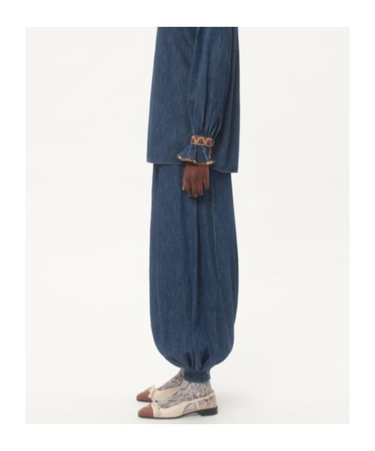 Valentino Tasseled Embroidered Chambray Tapered Pants In Blue