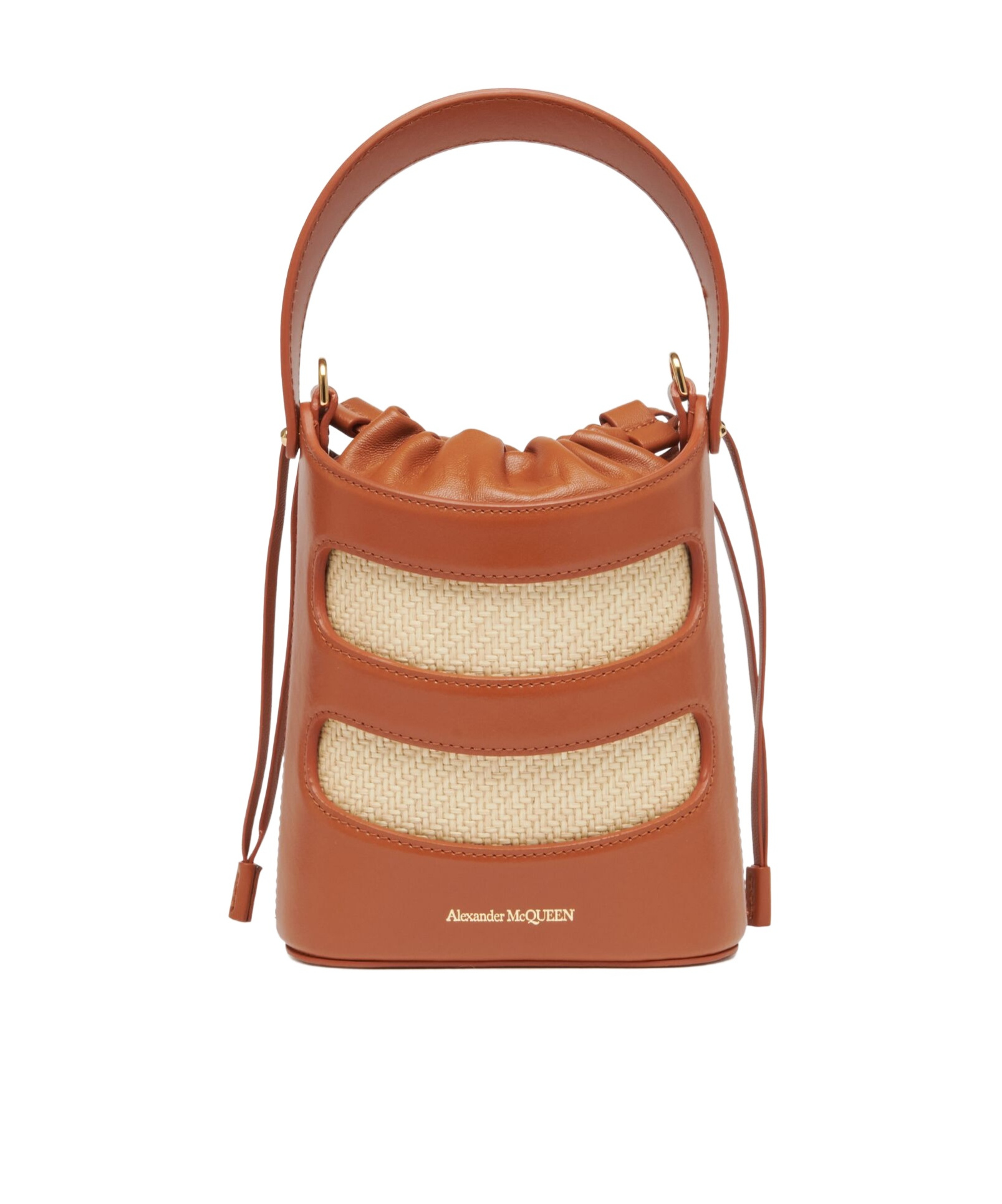 Alexander Mcqueen Women Two-tone Leather And Raffia Mini The Rise Bucket Bag In Brown