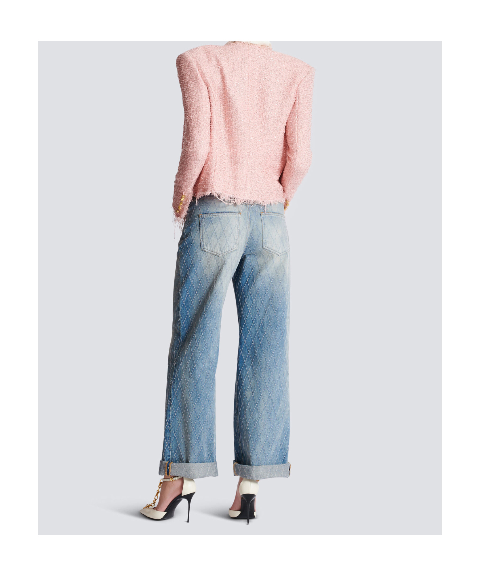 Balmain Tweed Jacket With All-over Sequins And Structured Shoulders In Pink