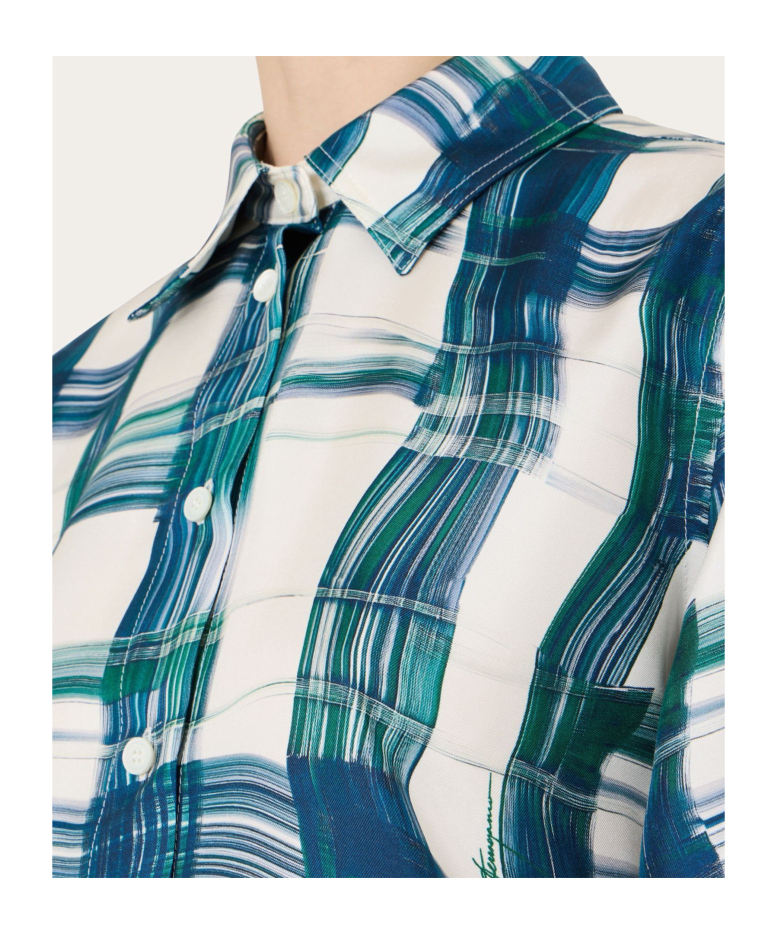 Ferragamo Brushstroke Check Button Down Silk Blouse In White
