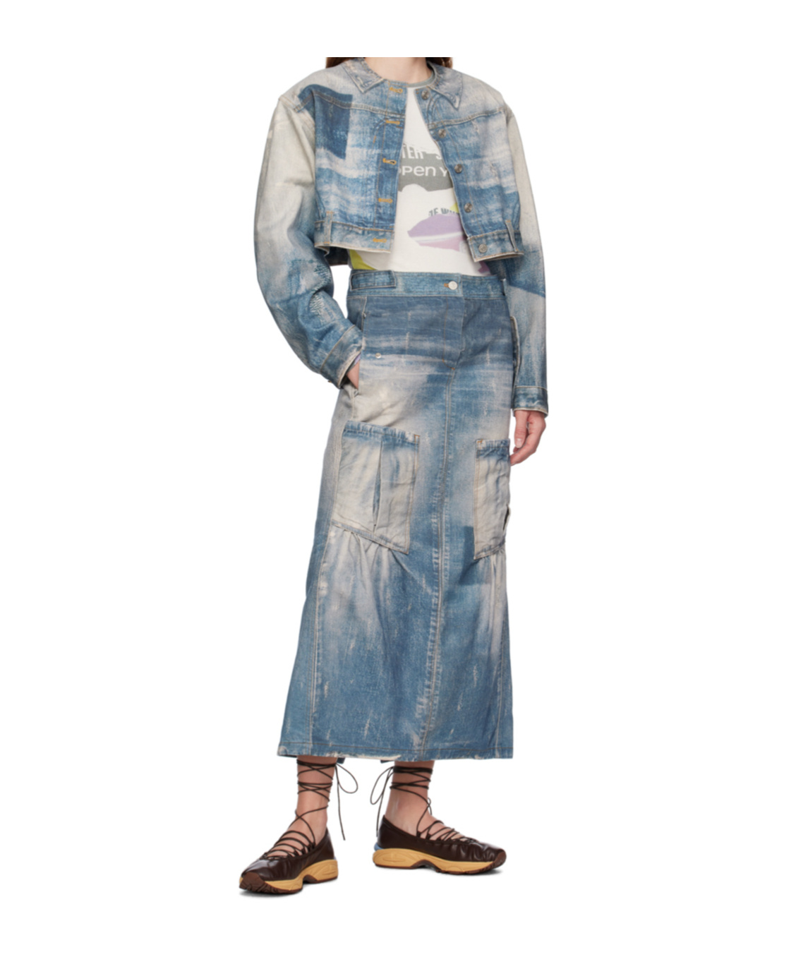 Open Yy Blue Jean Effect Denim Maxi Skirt In Blue