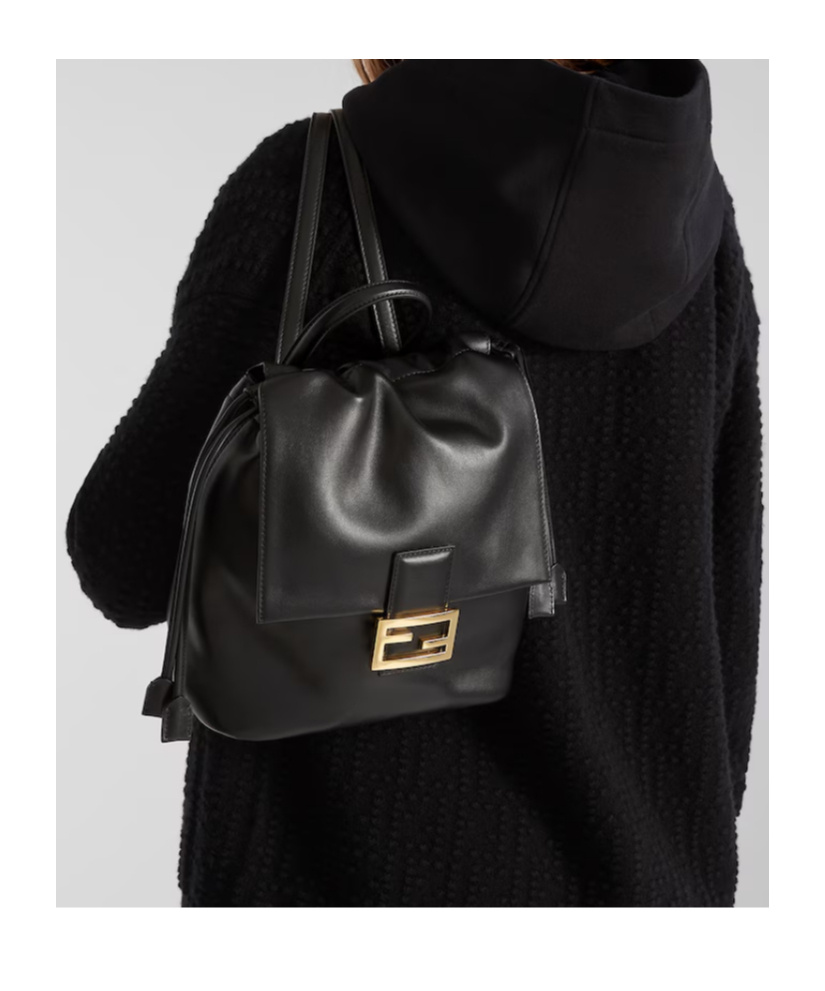 Fendi Women Black Backpack With Ff Plaque Closure On The Front In Patent Leather Woman In Black