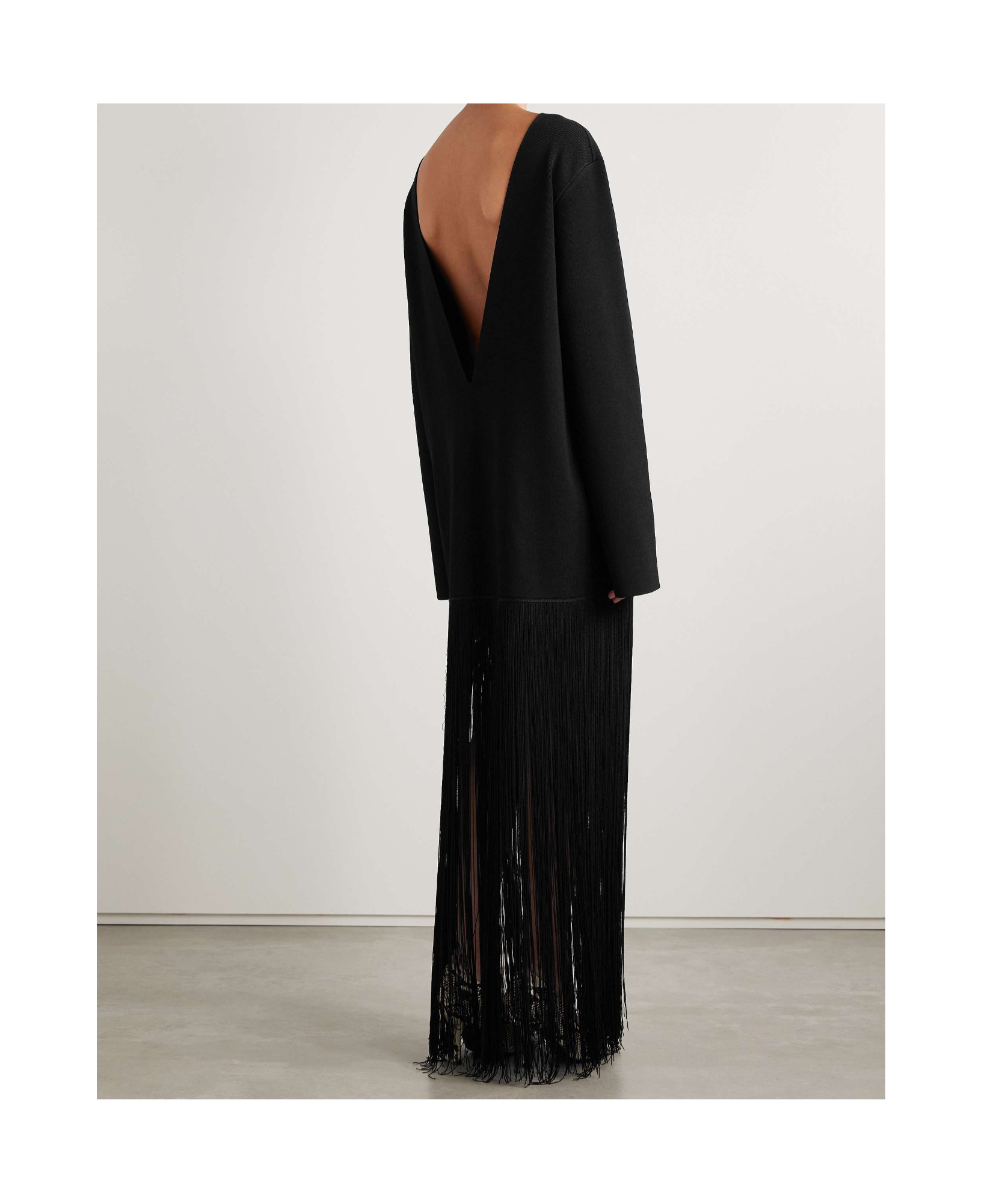 Khaite Paley Long-sleeve Fringe Backless Maxi Dress In Black