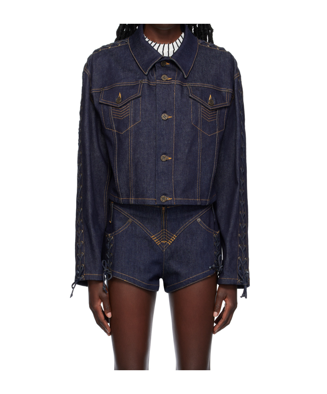 Jean Paul Gaultier Oversized Lace-up Topstitched Denim Jacket In Blue