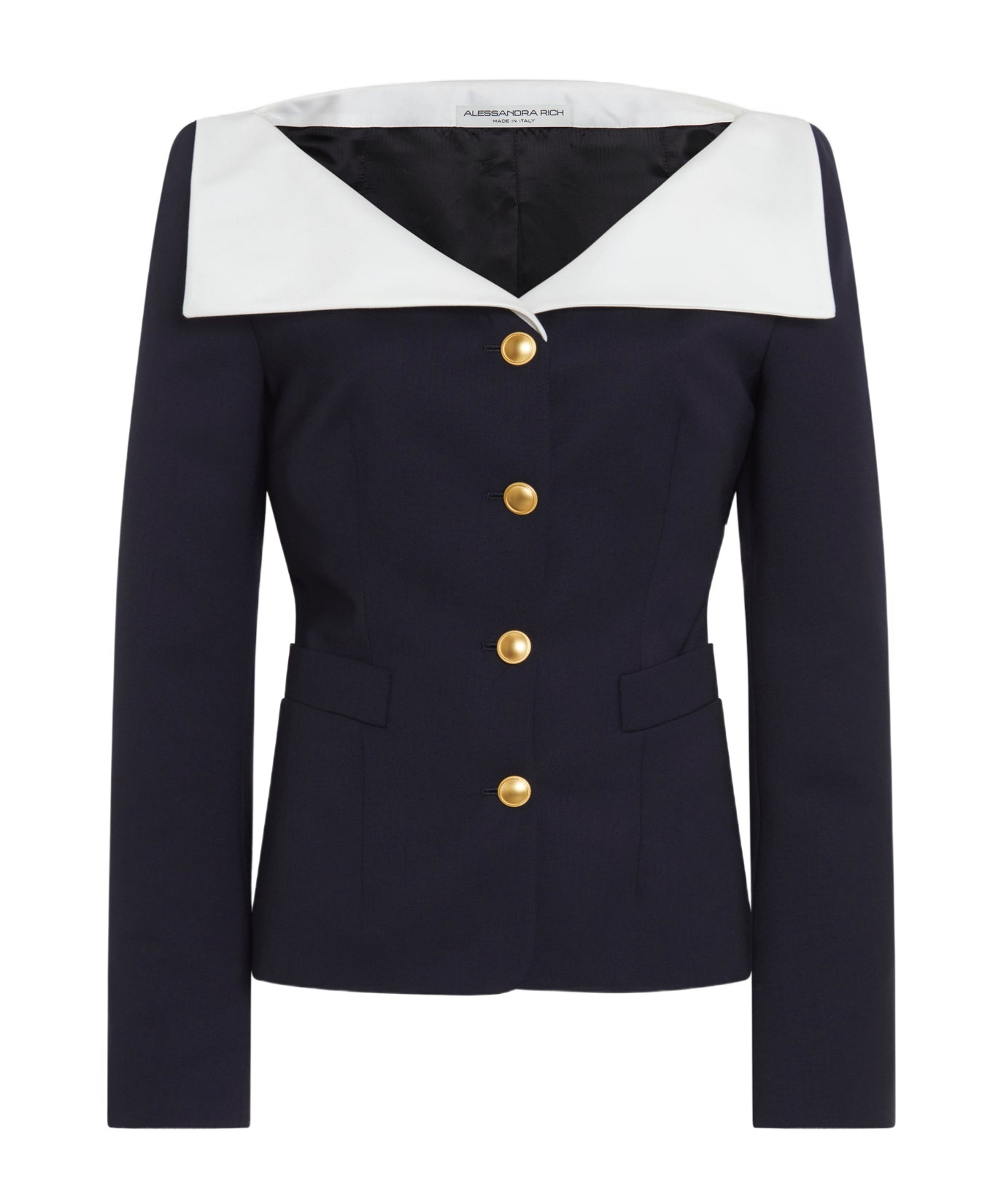 Alessandra Rich Wool Blazer With Contrasting Collar And Gold Buttons In Black