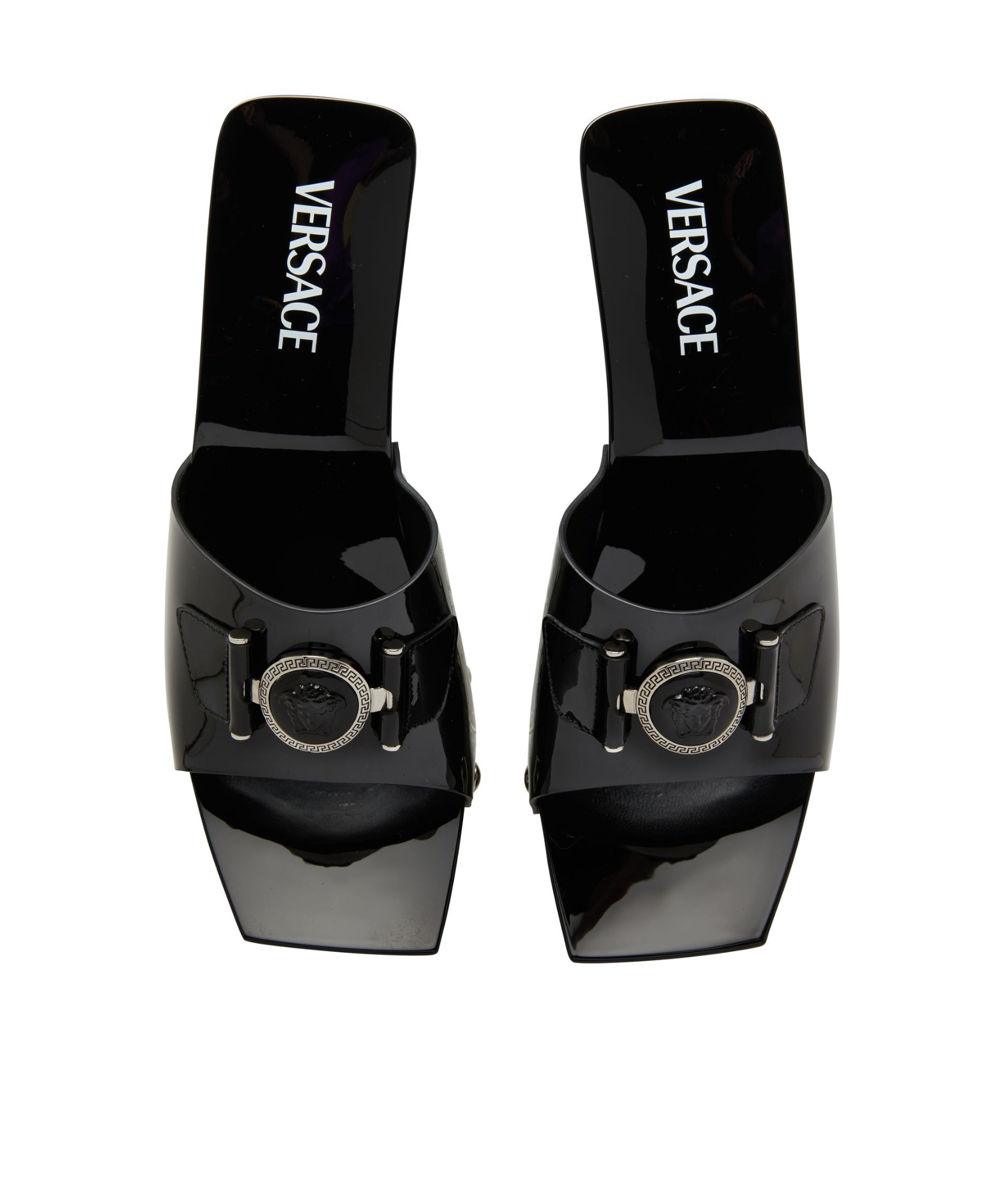 Versace Logo High-heeled Slippers In Black