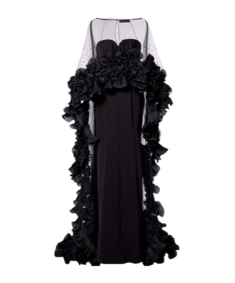 Jenny Packham Ruffled Caped Gown In Black