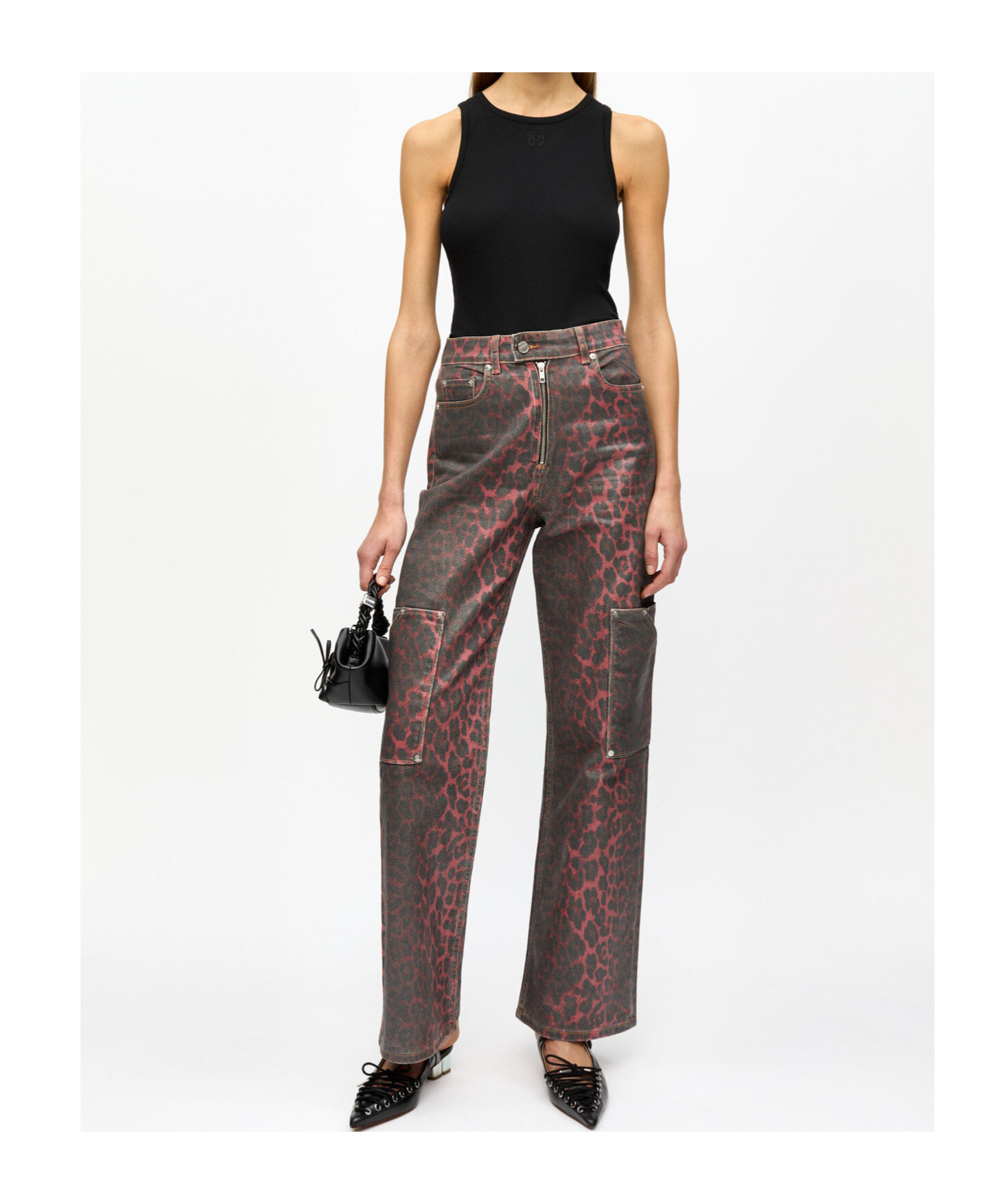 Ganni Red Foil Denim Andi Cargo Jeans In Racing Red