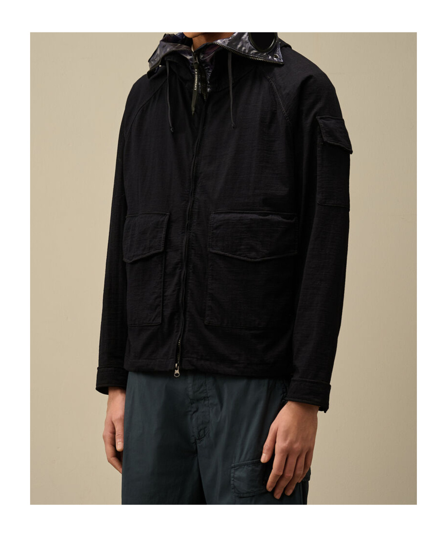 C.p. Company Blue Jacket With Explorer Hood And Adjustable Drawstring Waist In Tech Fabric Man In Black