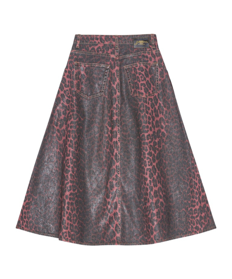 Ganni Leopard Print Foil Denim Midi Skirt In Racing Red