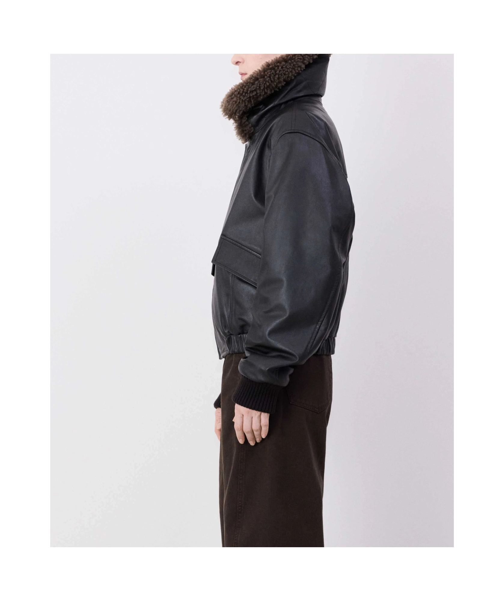 Lemaire Leather Blouson With Shearling Collar In Black