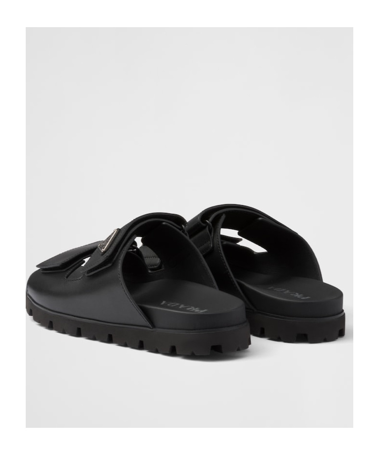 Prada Men Logo Plaque Leather Slides In Black