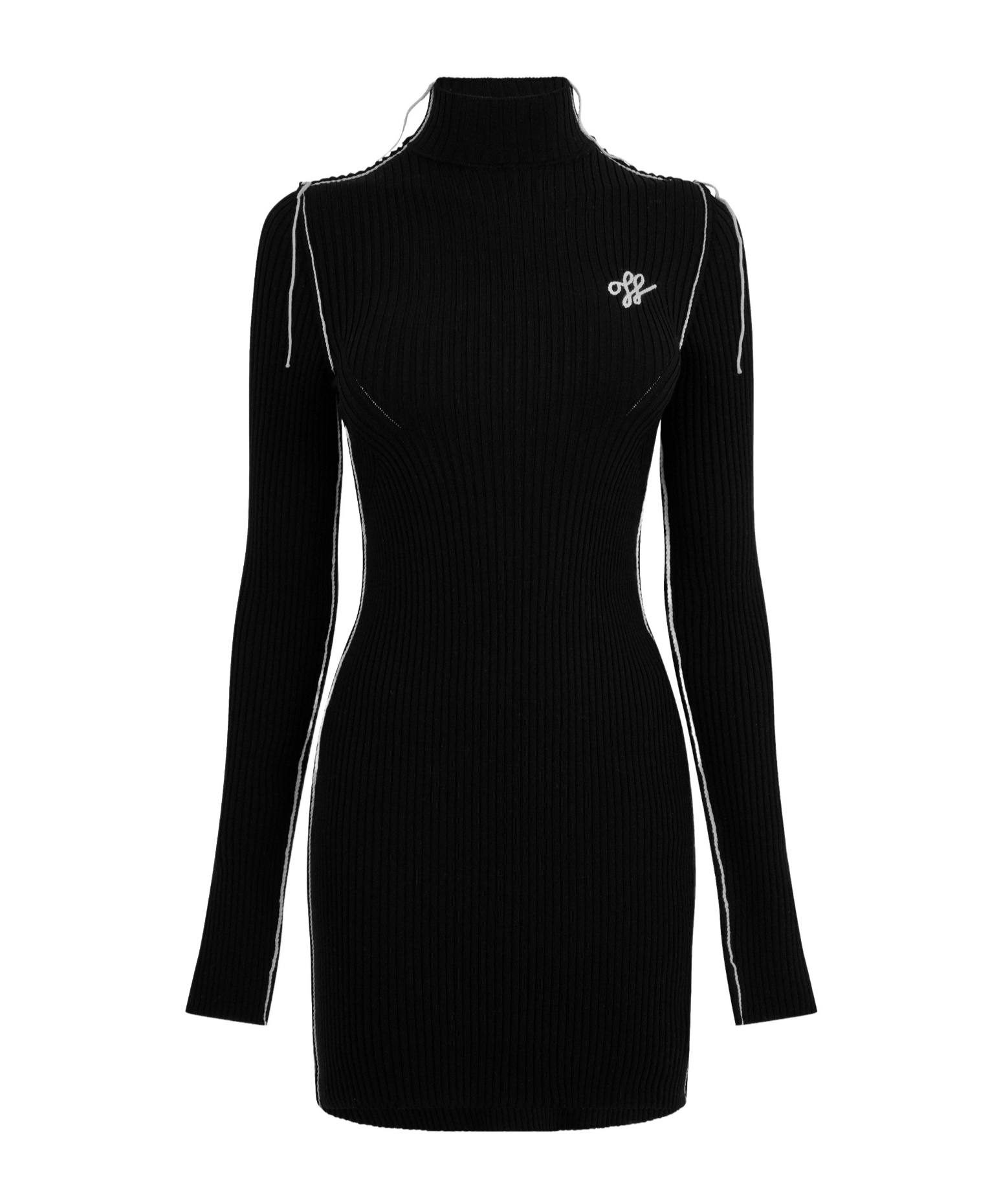 Off-white Turtleneck Longsleeve Ribbed Knit Mini Dress In Black