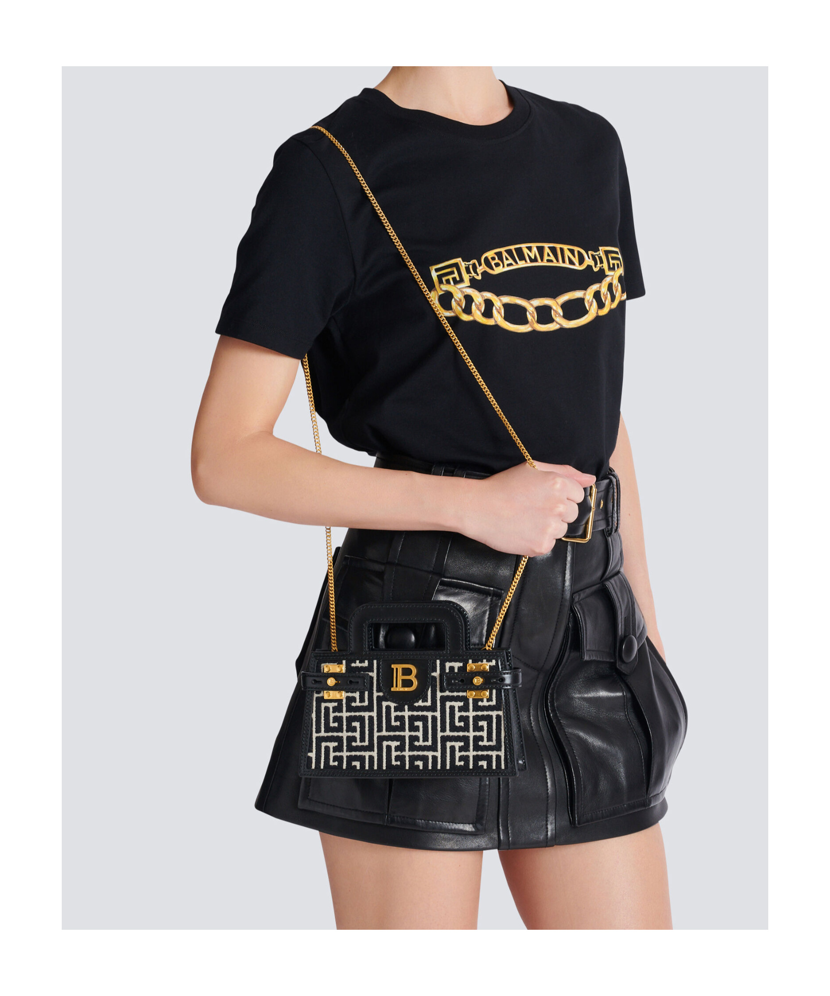 Balmain B-buzz Small Top Handle Monogrammed Canvas And Leather Bag