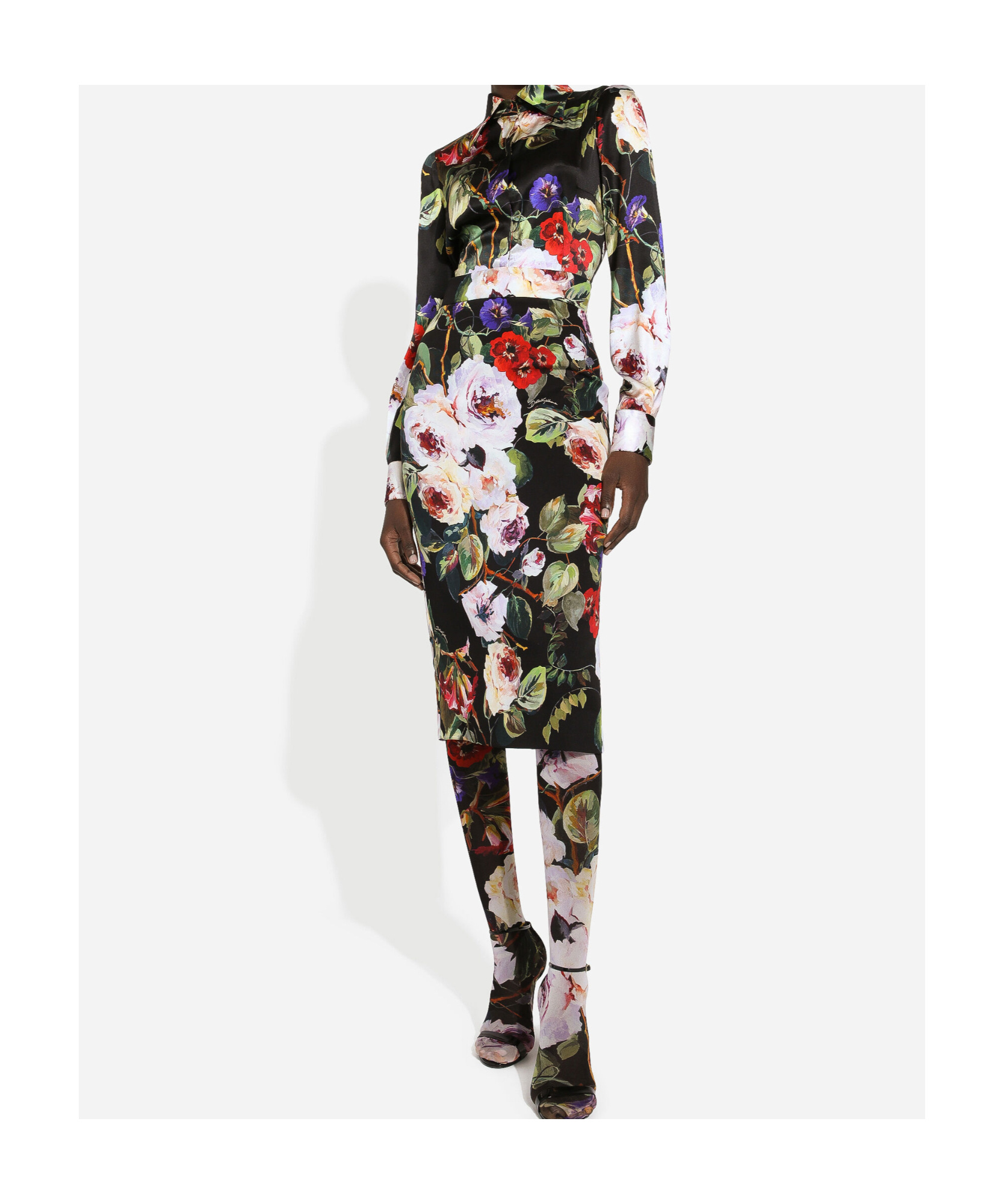 Dolce & Gabbana Silk Blend Satin Flower Printed Shirt In Black
