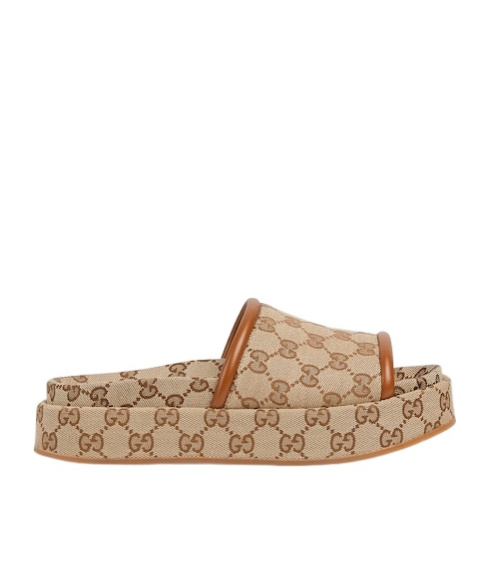 Gucci Women Beige Sandals With Leather Finishes And All-over Gg Motif In Fabric Woman In Brown