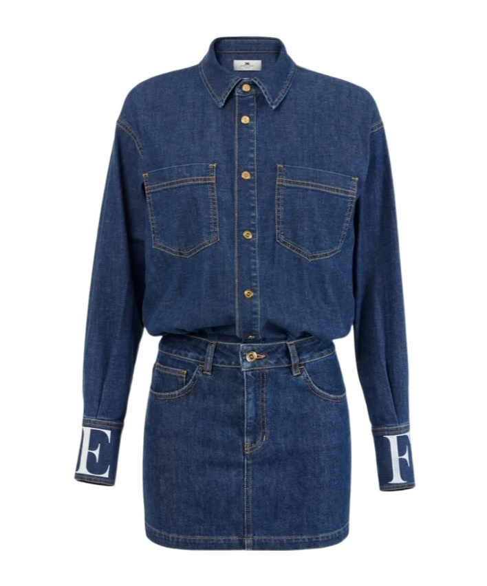 Elisabetta Franchi Shirt-style Denim Dress With Contrast Stitching In Blue